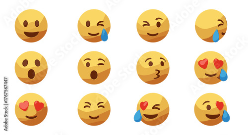 Collection of twelve 3D rendered yellow emoji faces expressing a variety of emotions including joy, sadness, love, surprise, and winking, set against a stark black background, perfect for digital