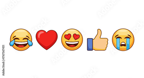 A vibrant collection of popular social media reaction emojis, including laughing with tears, a red heart, a face with heart eyes, a thumbs-up gesture, and a crying face, all set against a stark black