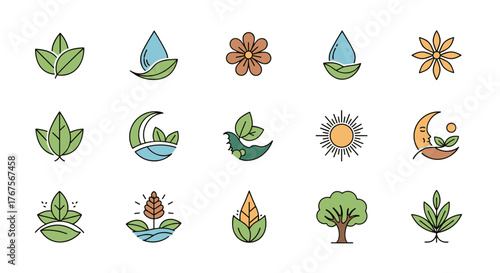 Collection of stylized icons representing nature and environmental themes, including leaves, water drops, flowers, sun, moon, tree, and agricultural elements like corn and peas, all rendered in a