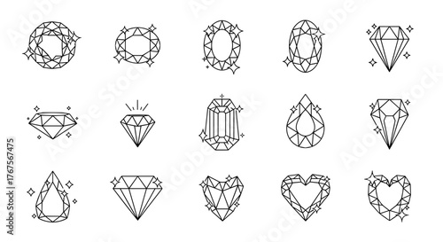 Collection of stylized diamond and gemstone icons, featuring various cuts like round, oval, pear, and heart shapes, rendered in a clean white line art style on a black background, perfect for luxury