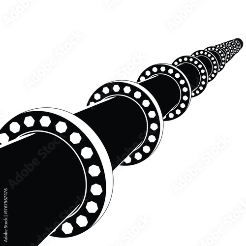 Black industrial pipe with circular flanges receding into distance