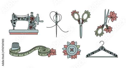 A charming collection of sewing and tailoring essentials, featuring a vintage-style sewing machine adorned with floral patterns, a needle and thread, decorative scissors, a thimble, a measuring tape