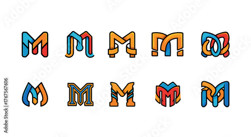 Collection of ten unique and colorful letter M logos, presented in a grid format against a black background, showcasing diverse modern and abstract designs suitable for branding and graphic design