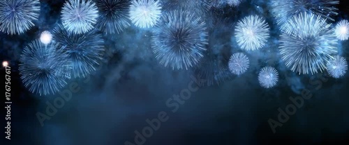 Dark festive background with blue fireworks for New Year 2026 celebration, ideal for party invitation, holiday banner, event poster, festive templates, seasonal greeting card design. Panoramic video