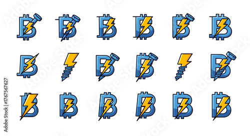 Set of Bitcoin Lightning Network icons featuring the Bitcoin symbol 'B' integrated with a yellow lightning bolt and a screw or bolt, symbolizing fast and secure cryptocurrency transactions and