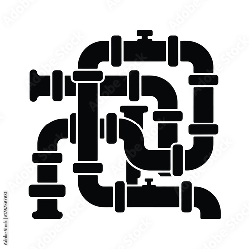 Complex network of black industrial pipes and valves