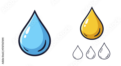 Vivid cartoon illustration of a large blue water drop and a smaller yellow oil drop, symbolizing different liquids, with three outline drops below, set against a stark black background, perfect for