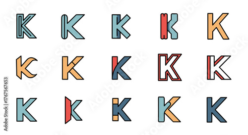 Collection of fifteen stylized 'K' letter designs in various modern, geometric, and abstract styles, featuring a palette of pastel blue, coral red, and warm orange against a stark black background