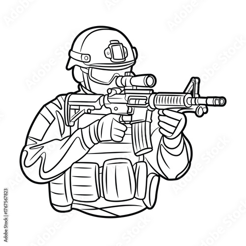 Soldier in tactical gear aiming assault rifle with scope