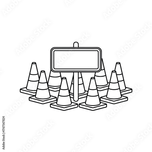 Hand drawn traffic cones and blank sign for road construction