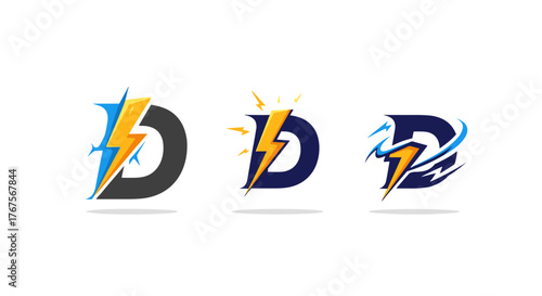 Dynamic 'D' Letter Logo Designs Featuring Lightning Bolts and Energetic Accents, Showcasing a Trio of Modern, Bold, and Vibrant Visual Identity Options for Technology, Sports, or Gaming Brands