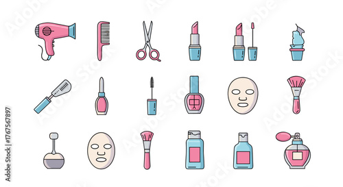 A collection of flat design icons representing beauty and personal care products, including a pink hairdryer, comb, scissors, lipsticks, nail polish, face mask, makeup brushes, serum bottle, perfume