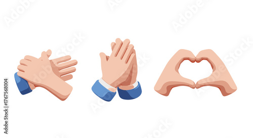 Three distinct 3D cartoon hand gestures presented against a black background: one set of hands clapping, another set in a praying or pleading position, and a final set forming a heart shape