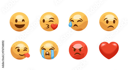 Collection of eight expressive 3D rendered emojis and a red heart symbol against a black background, showcasing a range of emotions from joy and affection to sadness and anger, perfect for digital