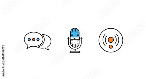 Set of three modern flat icons representing communication, broadcasting, and signal transmission, featuring speech bubbles with dots, a vintage microphone, and a circular signal wave with orange