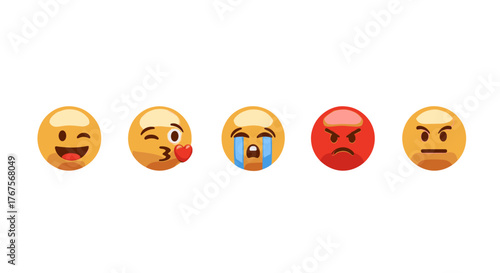A vibrant collection of five distinct emoji faces arranged horizontally against a stark black background, showcasing a range of emotions from playful winking and blowing a kiss to intense crying
