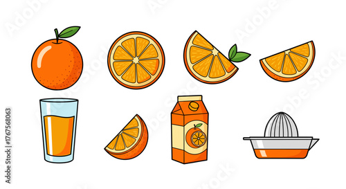 A vibrant collection of orange-themed illustrations, featuring a whole orange, slices, a refreshing glass of orange juice, a carton of juice, and a manual juicer, all presented on a clean black