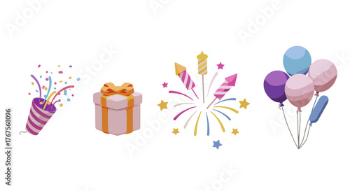 A vibrant 3D illustration featuring a festive collection of party elements, including a bursting popper with colorful confetti, a beautifully wrapped gift box with an orange bow, dazzling fireworks