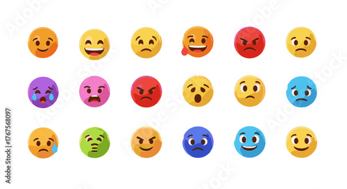 A vibrant collection of 3D rendered emojis showcasing a diverse range of emotions, from happiness and laughter to anger, sadness, and surprise, presented against a stark black background for maximum