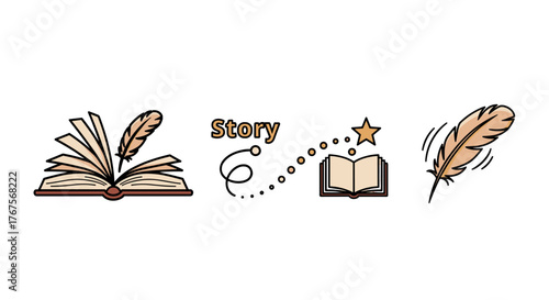 A whimsical illustration depicting the journey of storytelling, featuring an open book with a quill, a path of dots leading to another open book under a star, and a feather, all on a black