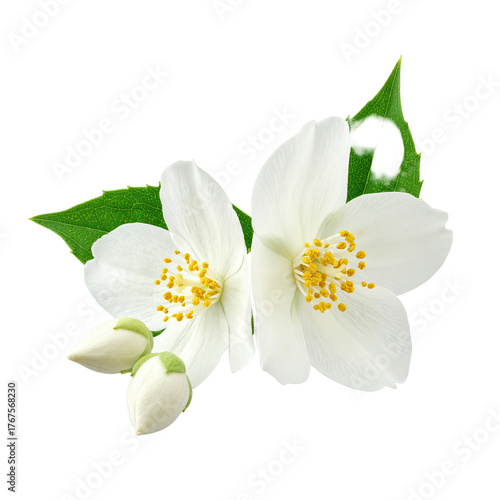 Close-up of fragrant white blossoms with yellow centers and green leaves, isolated on black