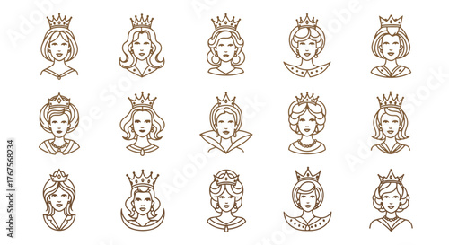 Set of 15 stylized golden line art portraits of queens and princesses wearing ornate crowns and elegant jewelry, isolated on a black background, perfect for royal themes, fantasy, and luxury branding.
