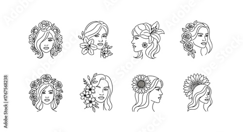 Set of eight minimalist line art illustrations of female profiles adorned with various flowers, including roses, lilies, and sunflowers, presented on a black background, ideal for beauty, fashion
