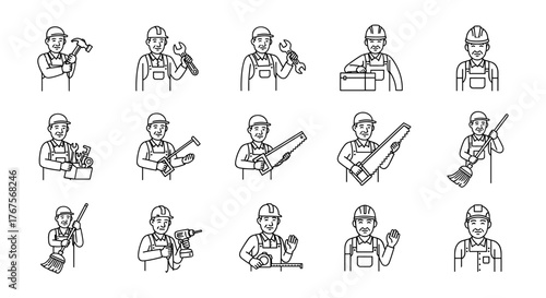 Collection of 15 stylized white line art icons of construction workers and tradespeople, each depicted with different tools and equipment, set against a stark black background, representing various