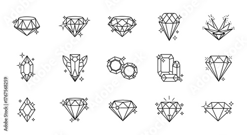 Collection of stylized diamond icons and symbols, presented in a clean, minimalist line art style, showcasing various facets and cuts for a luxurious and elegant aesthetic, perfect for jewelry