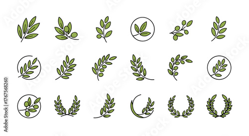 Collection of stylized olive branch icons and emblems, featuring green leaves and olives, presented in a clean, modern, minimalist line art style on a black background, perfect for branding and
