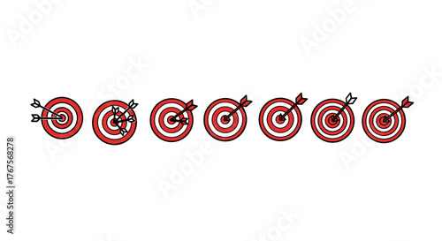 A progression of dartboards showing increasing accuracy from multiple missed shots to a bullseye hit, symbolizing goals, success, and achievement in a business or sports context, rendered in a clean