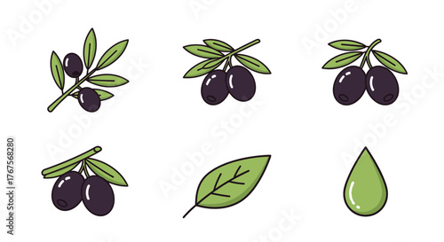 A collection of six simple, flat design icons representing olives and olive oil, perfect for food-related graphics, culinary websites, or healthy lifestyle content. Includes olive branches with dark