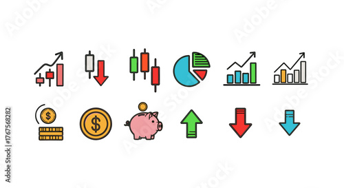 A vibrant collection of financial and business icons, featuring candlestick charts, bar graphs, pie charts, coins, a piggy bank, and directional arrows, all rendered in a clean, modern, and colorful