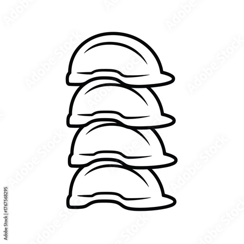 Stack of four hard hats in a simple line drawing