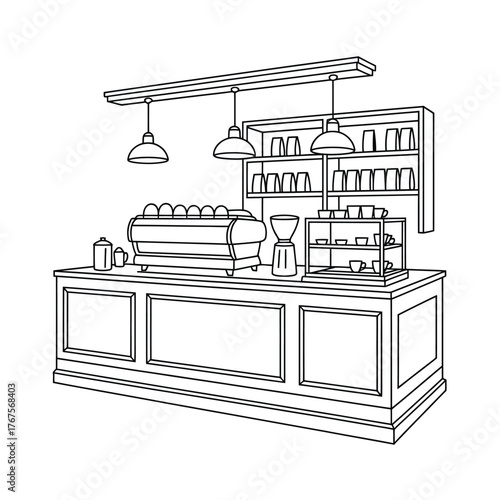 Hand drawn sketch of a modern coffee bar counter with espresso machine