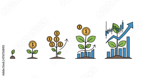 Visual representation of financial growth and investment success, depicting a plant sprouting from the ground and evolving into a mature tree laden with dollar coins, symbolizing increasing profits