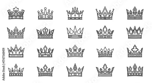 A striking collection of twenty distinct crown illustrations, rendered in a bold, white line art style against a stark black background, showcasing regal symbols of power and authority, perfect for