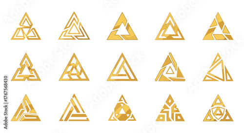 Collection of fifteen unique golden triangle symbols and geometric emblems on a black background, representing abstract concepts, ancient runes, or modern design elements, perfect for branding and