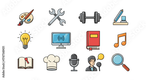 A vibrant collection of flat design icons representing diverse concepts such as art, tools, fitness, education, technology, music, cooking, and research, perfect for web and graphic design projects.