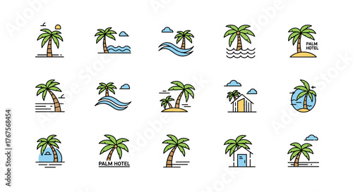 Collection of stylized flat icons featuring palm trees, beaches, waves, and tropical island motifs, perfect for travel, vacation, and resort branding, evoking a sense of relaxation and summer.