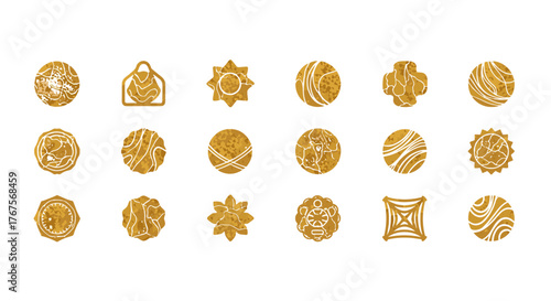 A collection of 20 unique golden abstract geometric shapes and icons with a textured glitter effect, set against a plain black background, perfect for graphic design and digital art.