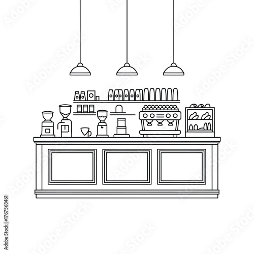 Coffee shop counter with espresso machine and grinders line art