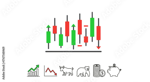 Visual representation of stock market trading with candlestick charts, showing upward and downward trends, alongside iconic symbols like bulls, bears, coins, and a piggy bank, symbolizing financial