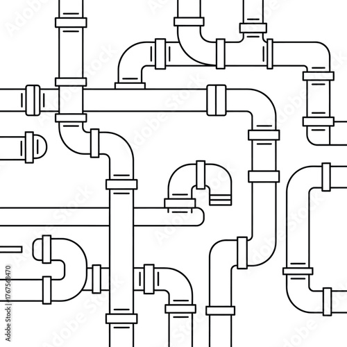 Complex network of plumbing pipes and joints in a schematic drawing