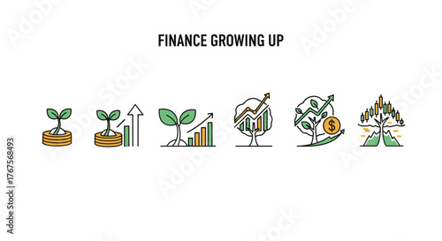 Visual representation of financial growth and investment evolution, showcasing a progression from initial seed capital to a flourishing money tree with rising stock charts and currency symbols