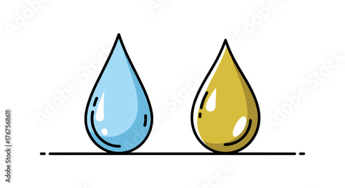 Two stylized drops, one blue representing water and the other yellow representing oil, are depicted side-by-side against a stark black background, symbolizing contrast and different liquid