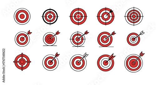 Collection of fifteen red and black dartboards, some with arrows hitting the bullseye, representing accuracy, goals, and success in business and sports, presented on a black background.