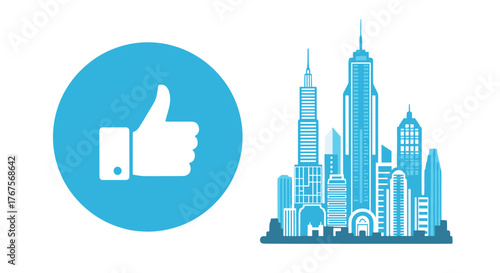 A striking graphic illustration featuring a prominent blue circle containing a black thumbs-up icon, juxtaposed against a stylized cityscape of blue skyscrapers. This design effectively conveys