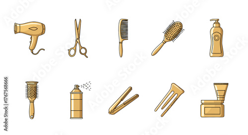 Collection of golden hair salon and barber shop tools and accessories, including a hairdryer, scissors, combs, brushes, hairspray, flat iron, and styling products, presented on a black background