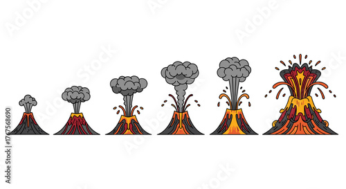 Illustration depicting the stages of a volcanic eruption, from initial smoke plumes to a full-blown explosive event with lava and ash spewing outwards, presented in a clean, modern, and stylized